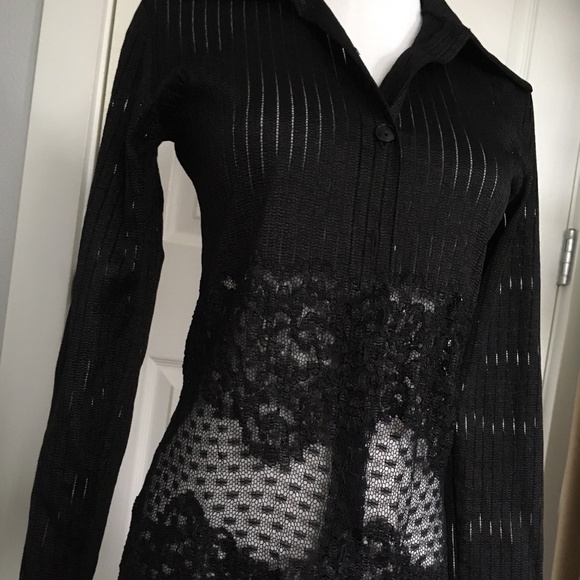Black Button Down Lace Dress Shirt - Picture 1 of 5